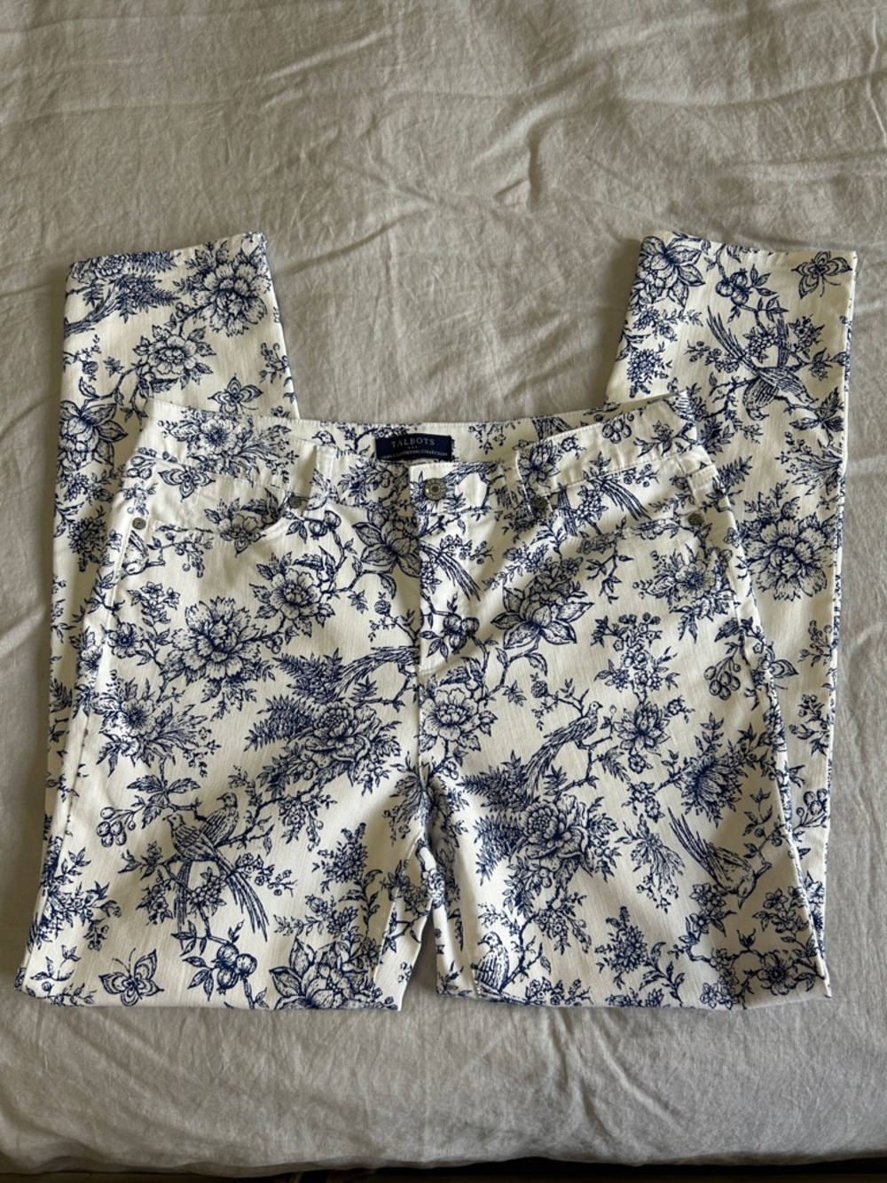 Talbots White Jeans with Blue Floral Toile Print - Straight Leg